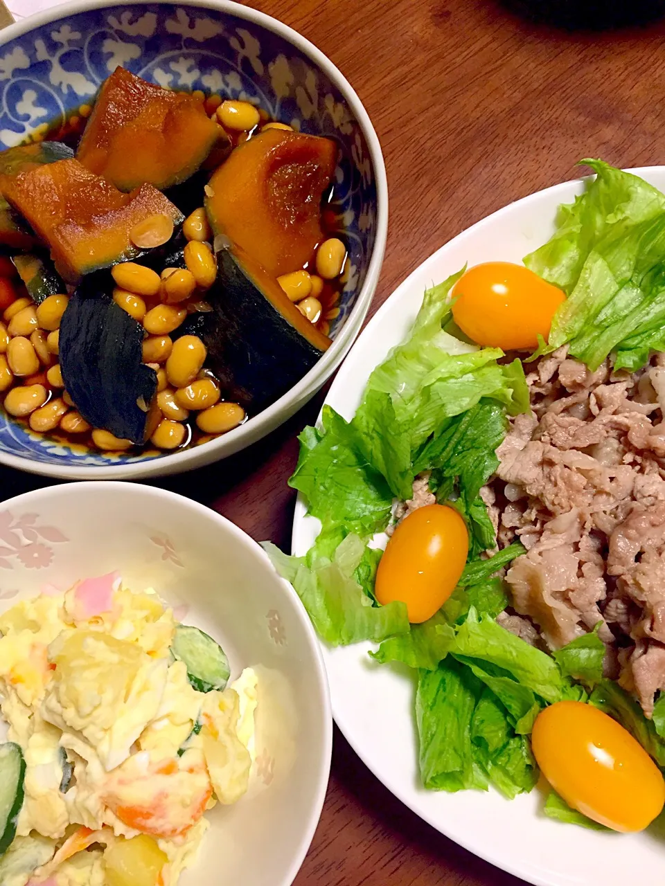 ポテトサラダ   豚の生姜焼き   南瓜と大豆の煮物|掛谷節子さん