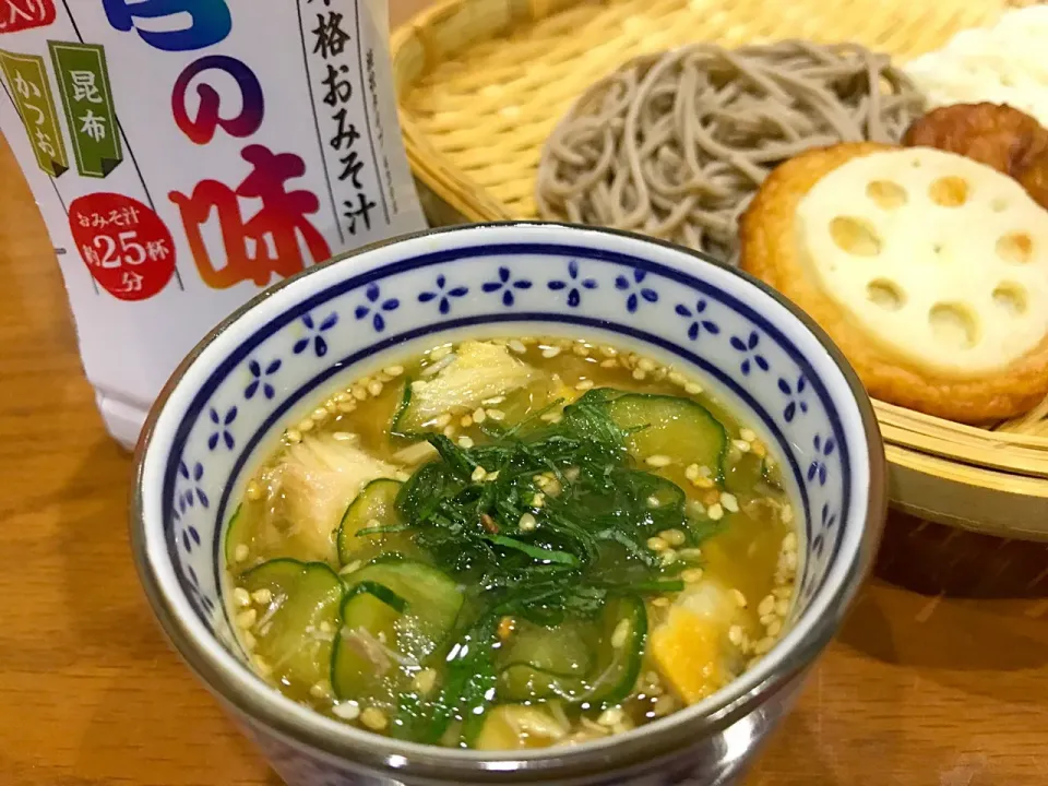 Snapdishの料理写真:マルコメの液体みそ、
料亭の味を使って冷汁つけ麺を作ったよ～🎵|みほままこさん