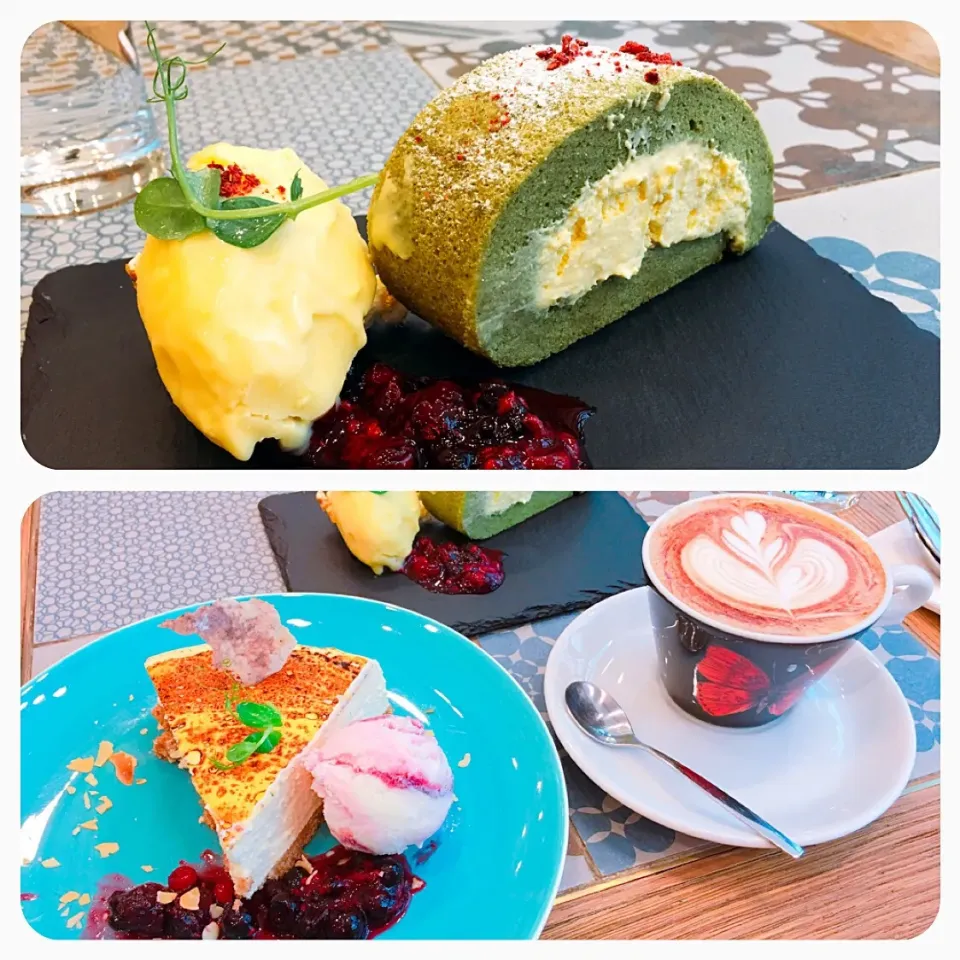 Green tea cake with corn mousse + corn ice-cream, German cheese cake + berries ice-cream, Mocha|キノコ🍄さん