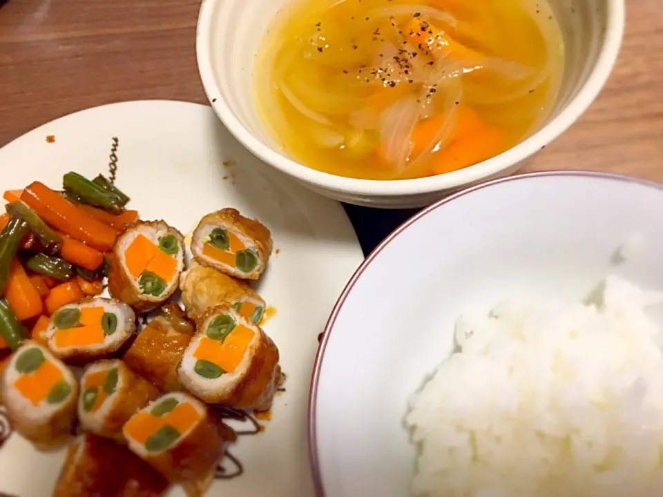 にんじんといんげんの豚ロース巻き&コンソメスープ|♡あき♡さん