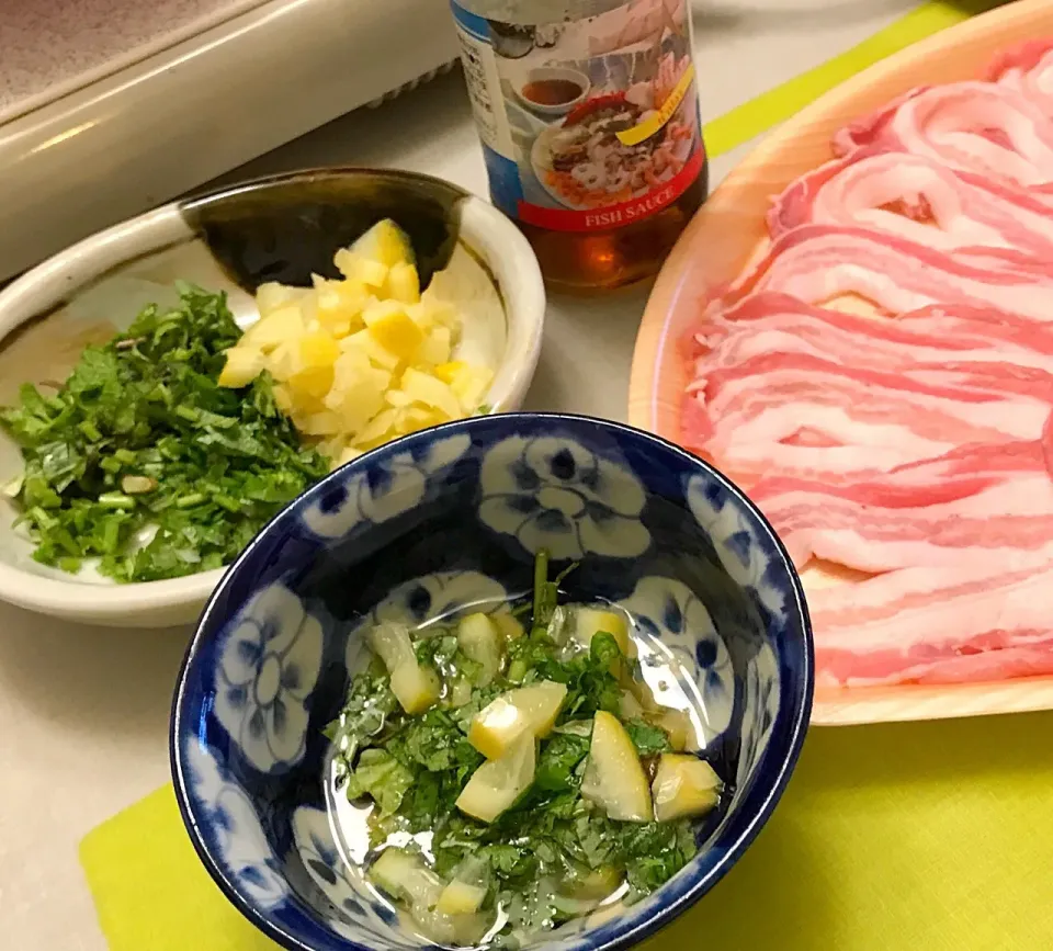 今宵は、安っすい🐷ブタ肉で豚シャブ🍲つけダレは、最近我が家ブームのミント・パクチー・ニンニク・ナンプラーに、先日仕込んだ塩レモンを刻んで入れましたわ😄|にゃあ（芸名）さん