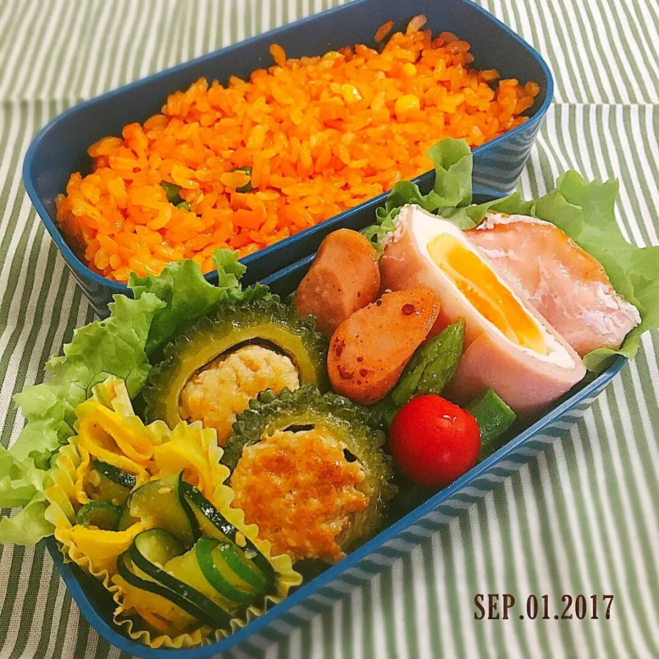 ゴーヤの肉詰め弁当 #お弁当 #お弁当記録 #ゴーヤ #チキンライス|momo31omomさん