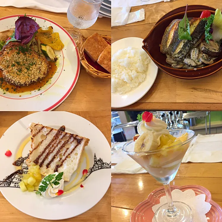 ランチ〜メインディッシュ・デザート〜
・サツマイモポークのパン粉ソテー
・スズキのポワレ
・シフォンケーキ
・キャラメルプリン|himeさん