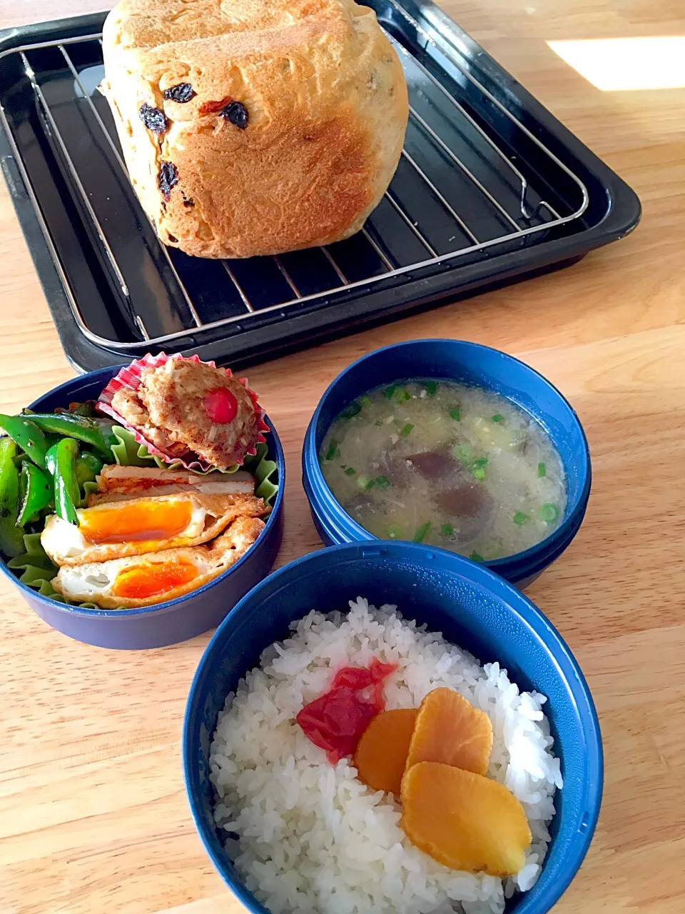 Snapdishの料理写真:朝焼きぶどうパン🍞と旦那様のお弁当(=ﾟωﾟ)人(ﾟωﾟ=)|さくたえさん