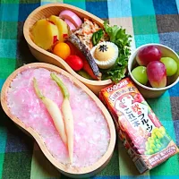 Snapdishの料理写真:高校男子のお弁当(^o^)
おかか昆布をご飯の間にサンドして、けずりかまぼこをパラリん🎵
昨日見つけたミニ大根で浅漬け作ってのっけてみました🎵
おかずは簡単に常備菜大集合です！|naomi39さん