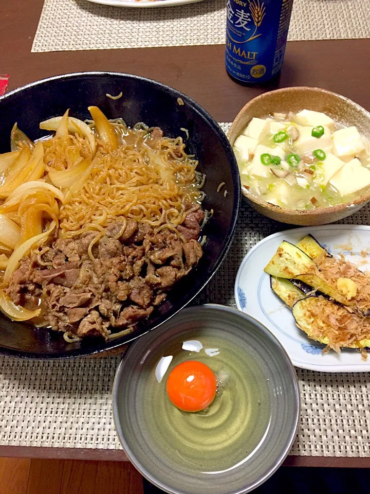 簡単すき焼き。豆腐の旨煮。焼きなす。|りょうさん