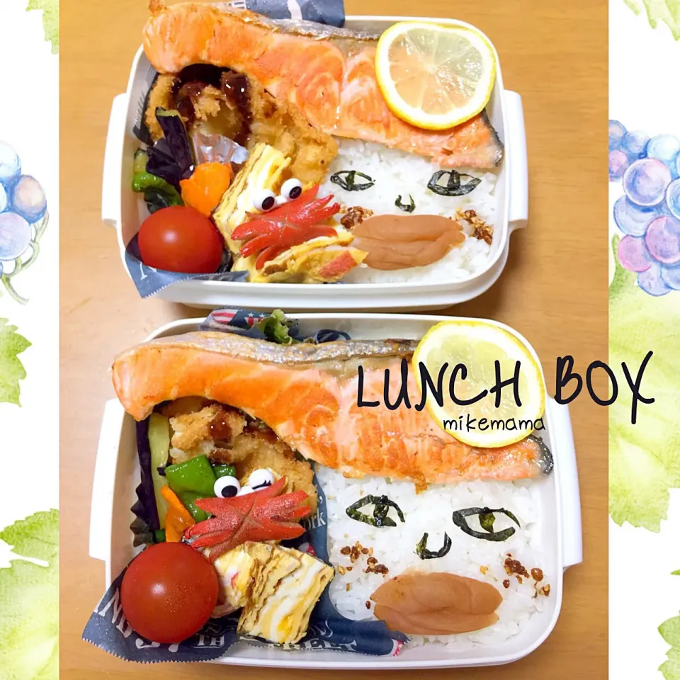 Snapdishの料理写真:息子＆旦那弁当  シャケ介君|miyukiさん