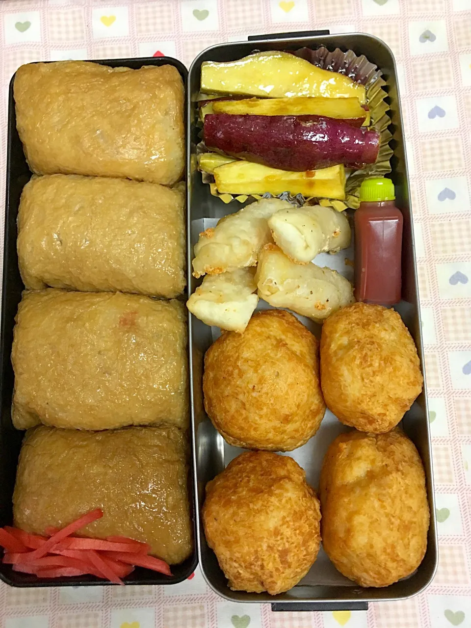 9月5日息子弁当 お稲荷さん チキンナゲット さつまいも甘いバター炒め|オリーブさん