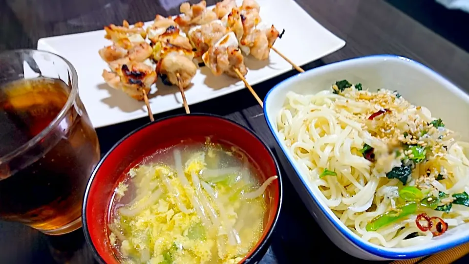 しらすと大葉のバター醤油うどん、卵ともやしのスープ、ねぎま(塩)|サトリさん