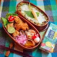 Snapdishの料理写真:今日のお弁当😊
鶏モモ唐揚げ(ｸﾚｲｼﾞｰｿﾙﾄ味)
うずらの味たまで、きのこ🍄作ってみました😆🎵|naomi39さん