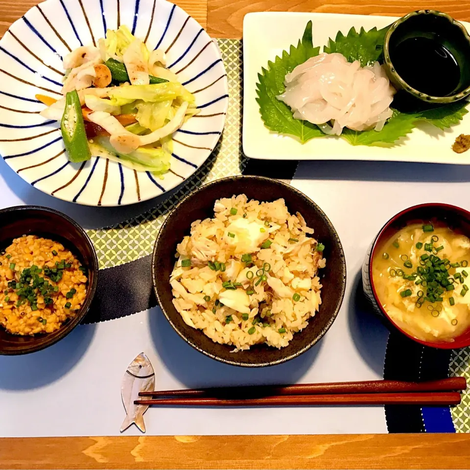 #鯛めし#イカそうめん#イカと野菜のガーリック炒め#豆腐の味噌汁|まぁちゃんさん