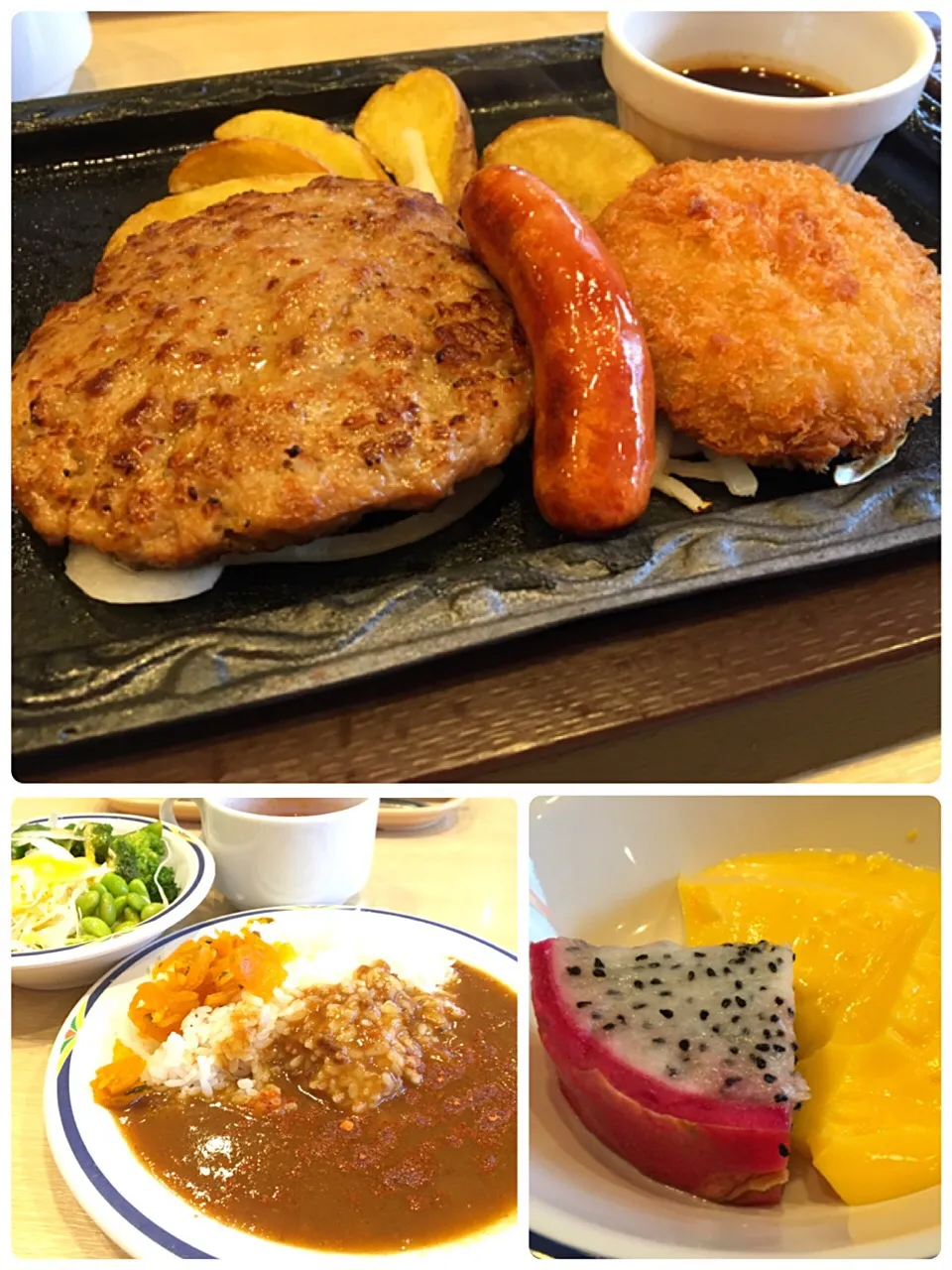 営業マンの昼ごはん☀️🍴
日替わりは5番  ハンバーグ、メンチ、ウインナー。サラダバー、ランチバー。
カレーにケイジャンライス、フォッカチャにサラダ2杯、マンゴープリンにドラゴンフルーツ。
なんでこんなに食えるんだろうʕ⁎̯͡⁎ʔ༄|ぽんたさん