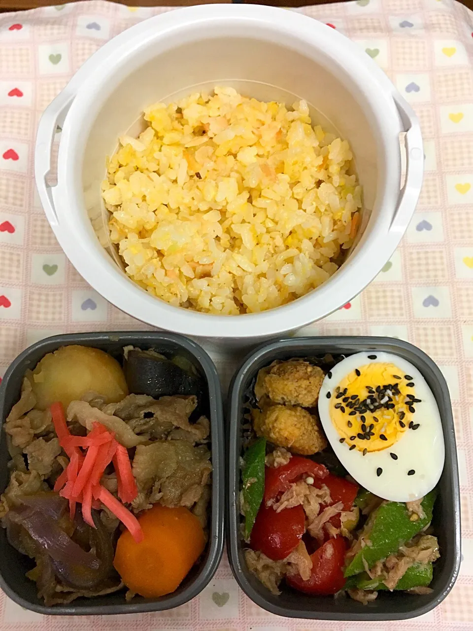 9月7日息子弁当  肉じゃが  ツナオクラサラダ チキンボール  鮭チャーハン|オリーブさん