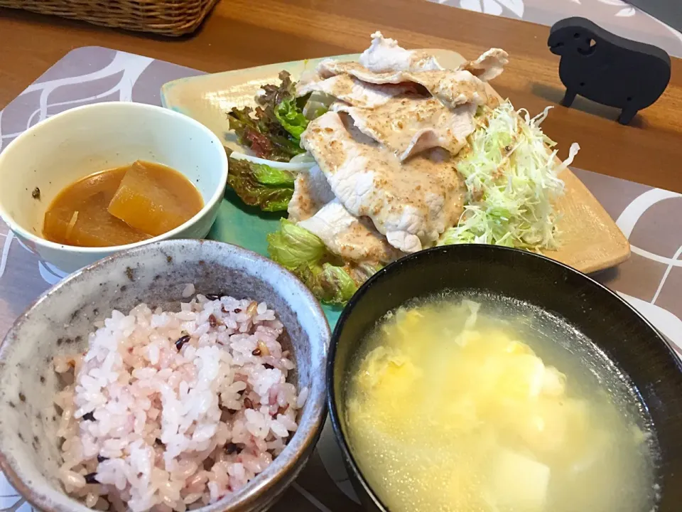 Snapdishの料理写真:晩御飯
豚ロースしゃぶゴマだれ、蒸しもやし、千切りキャベツ、サニーレタス、玉ねぎと豆腐のかき玉汁、五穀米、大根煮物|かよちゃんさん