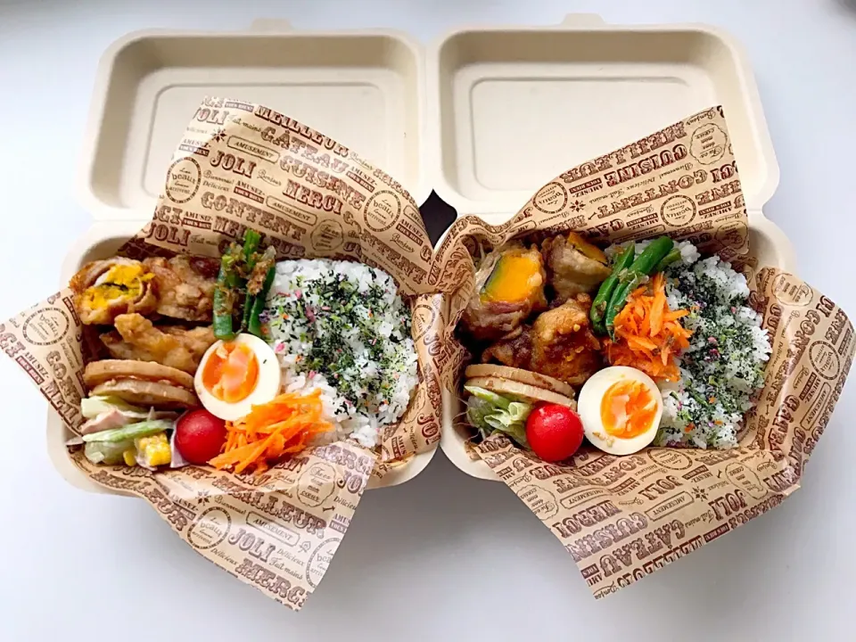 #今日のお弁当 
豚肉にかぼちゃ煮物とチーズ巻いてあげたやつ、のお弁当

本日外出予定なので、使い捨てお弁当箱で。|masamiさん