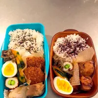 Snapdishの料理写真:ハマチの唐揚げ、メンチカツ弁当|あーのさん