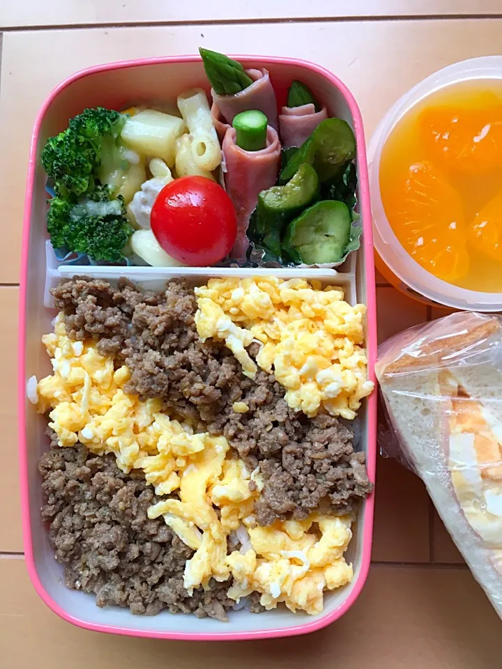 二色そぼろ弁当
マカロニグラタン
アスパラベーコン🥓
きゅうり🥒の酢醤油漬け
早弁用卵🥚サンド
みかん🍊ゼリー|Hiroさん