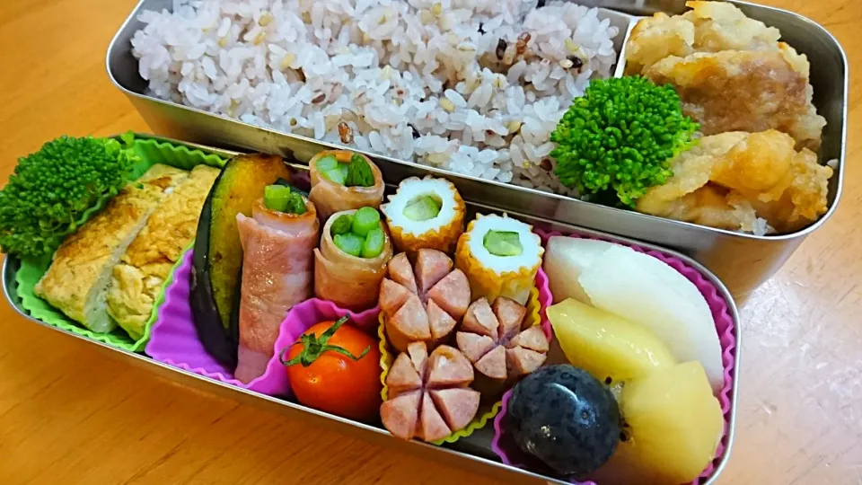 9月9日唐揚げとアスパラベーコン弁当|あけみさん