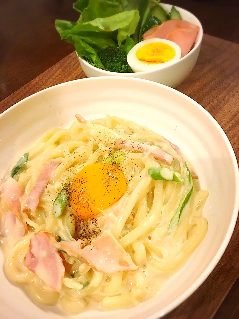 豆乳で和風うどんカルボナーラ🍴|ともさん