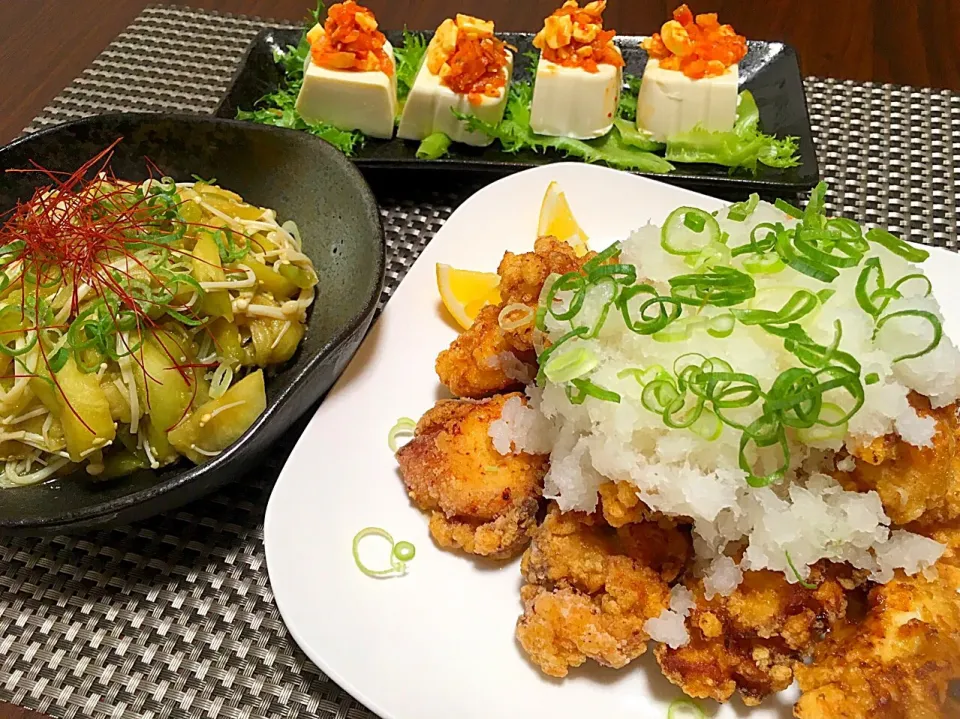 鷄唐揚げ おろしポン酢で
ナスとえのきの中華和え
豆腐のキムチチーズのせ|みっきーさん