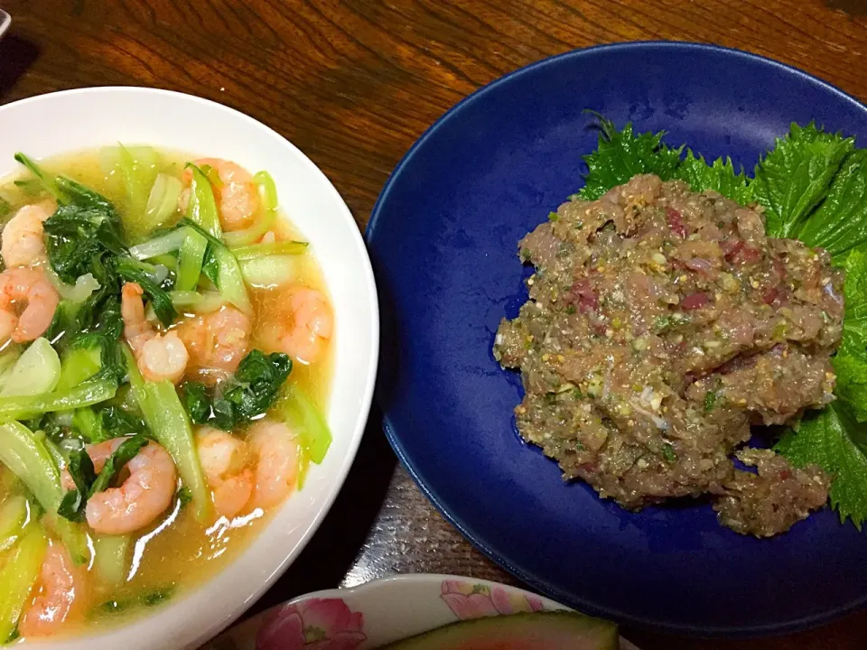 冷凍むきエビとチンゲン菜の中華炒めとイナダのなめろう|Noriko Hosokawaさん