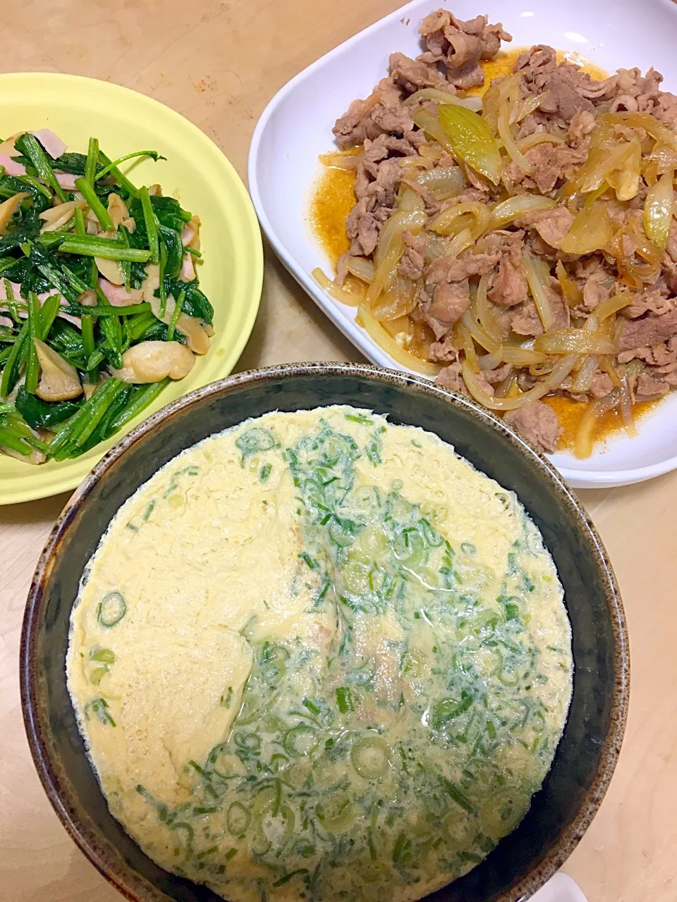 Snapdishの料理写真:生姜焼き
キノコ.ほうれん草.ハムのバター炒め
簡単茶碗蒸し|abekoさん