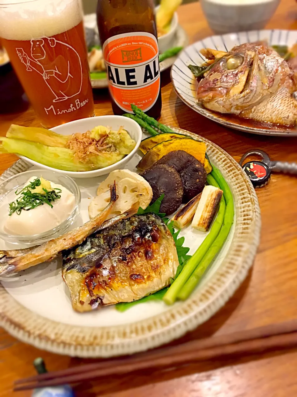 塩サバとししゃも、鯛のあら煮と焼き野菜いろいろ〜🍻✨|なかじー。さん