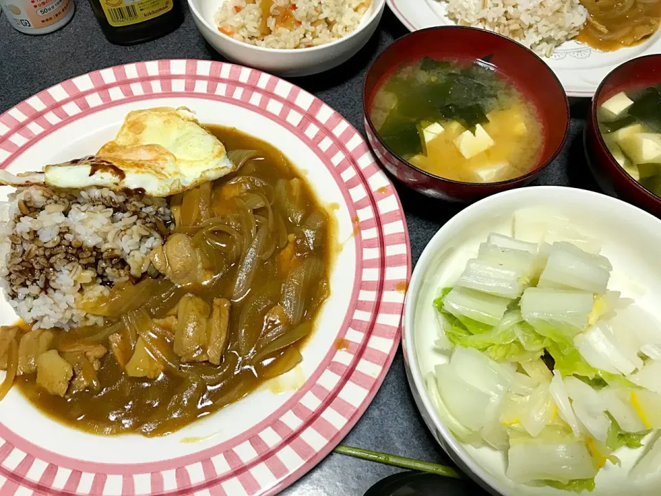 もち麦飯玉ねぎたっぷりポークカレーライス、白菜、豆腐ワカメ味噌汁|ms903さん