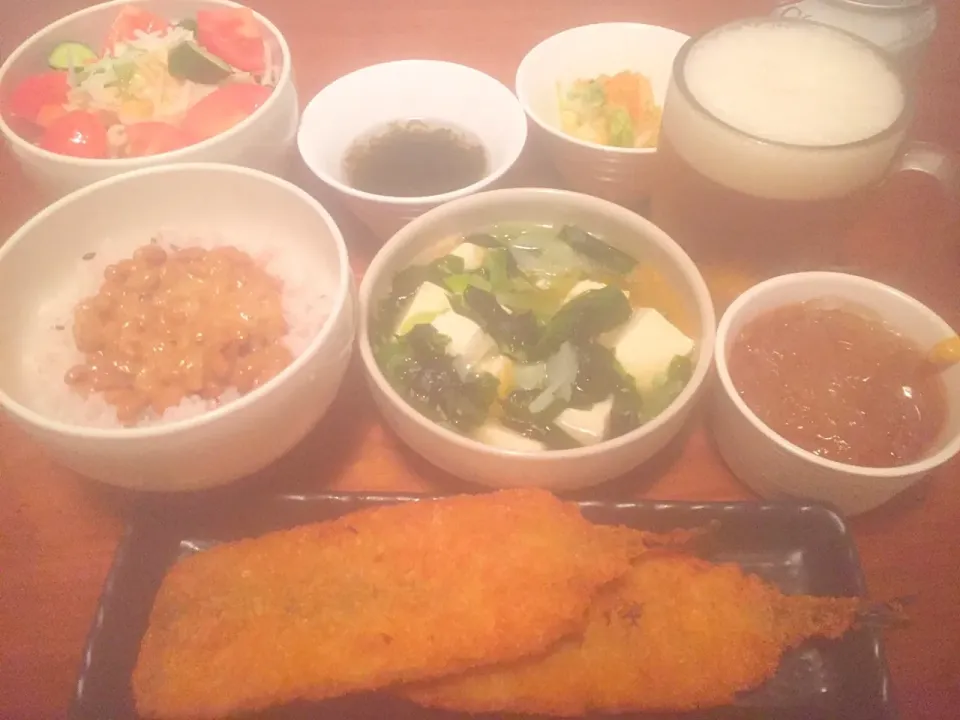 秋刀魚フライ＊五穀米納豆ご飯＊スープ＊小鉢(^^)|basilさん