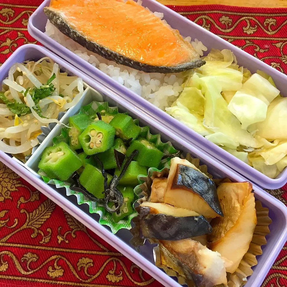 塩鯖とオクラの昆布和えともやしのナムルと焼き鮭弁当|もえさん