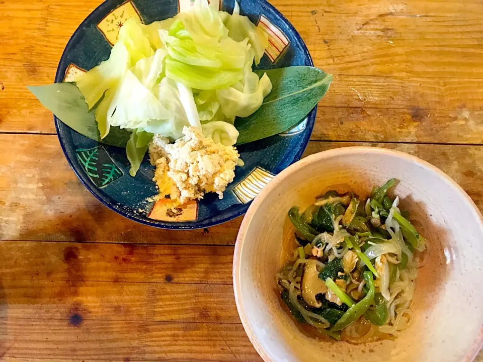 【朝の賄い】
糸こんにゃくの野菜炒め
おからキャベツ
#亀戸養生料理オスギ|亀戸 養生蕎麦 高のさん