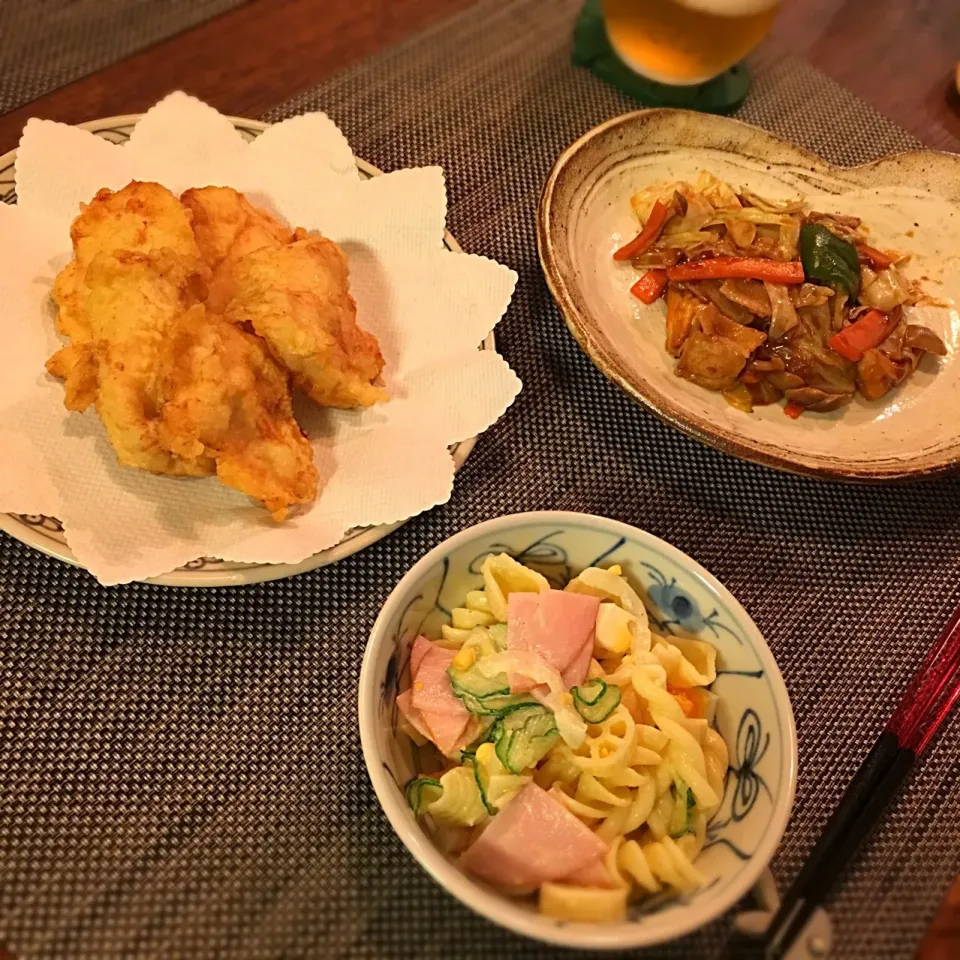 Snapdishの料理写真:とり天
野菜炒め／回鍋肉風
マカロニサラダ|𓇼 Ⓢ Ⓗ Ⓘ Ⓝ Ⓞ Ⓑ Ⓤ 𓇼さん