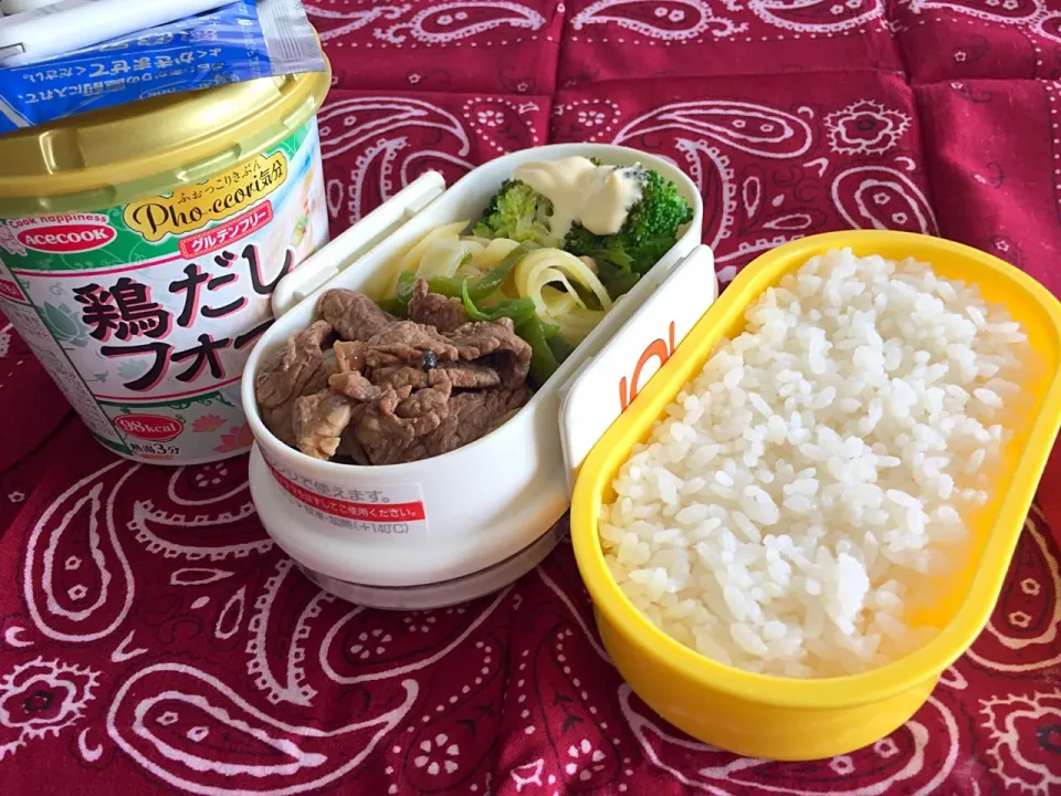 お弁当、牛肉とネギのステーキソース炒め、じゃがいもとピーマンのベーコン炒め、ブロッコリー、鶏だしフォー|Tadahiko Watanabeさん