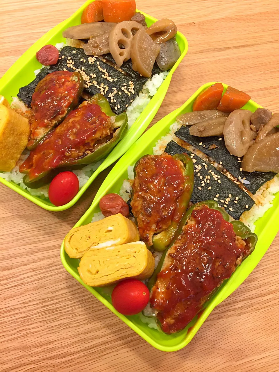 2017.9.14 中2＆高2男子ピーマン肉詰め弁当〜📣('ᴗ' )و💕
#高2弁当 #中2弁当 #ピーマン肉詰め|mari-pさん