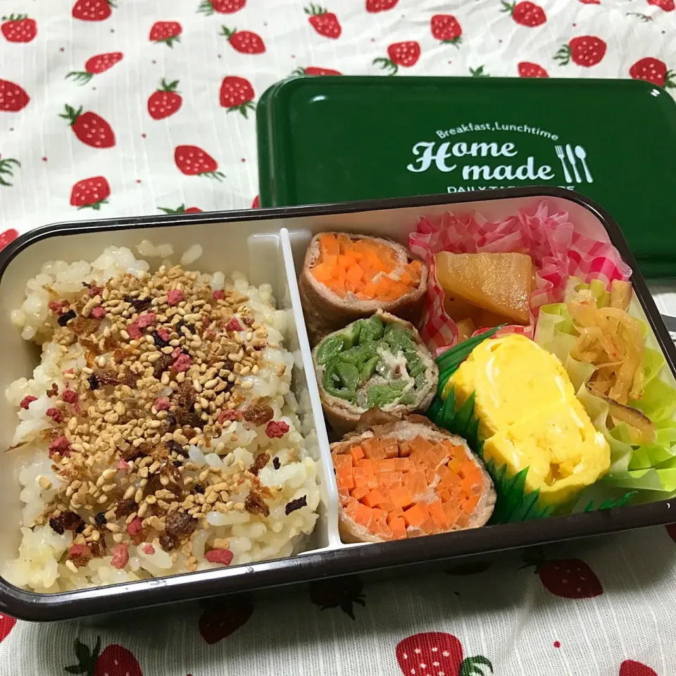 Snapdishの料理写真:豚肉野菜巻き                                   たたき大根のみそ煮                        セロリとさきいかの和え物          玉子焼                                                        #ミコノス|703さん