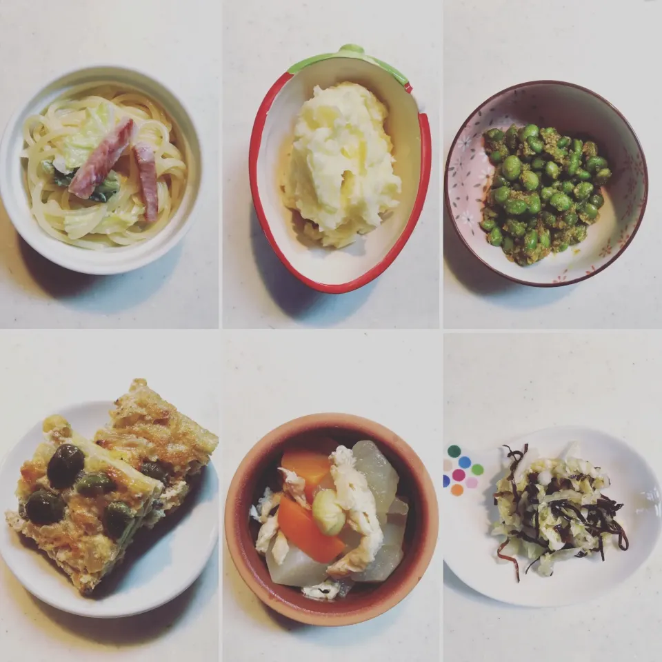 Snapdishの料理写真:#休日ごはん当番
#白菜とベーコンのクリームパスタ 
#マッシュポテト
#ガーリック枝豆カレー味
#もやしと枝豆と桜海老の卵焼き
#大根と人参と銀杏のお揚げ煮
#白菜昆布
#娘のリクエスト
#スナップディッシュ
#snapdish|Fuyucoさん