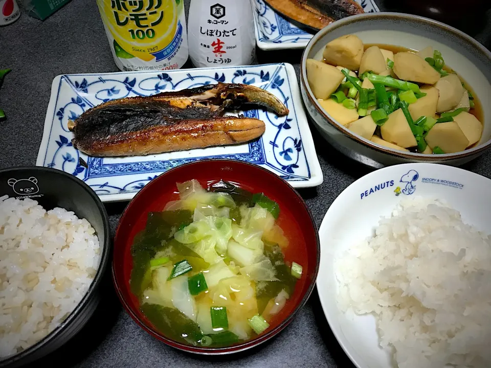 もち麦飯、お魚、大根おろし、キャベツじゃがネギわかめ味噌汁、里芋煮|ms903さん