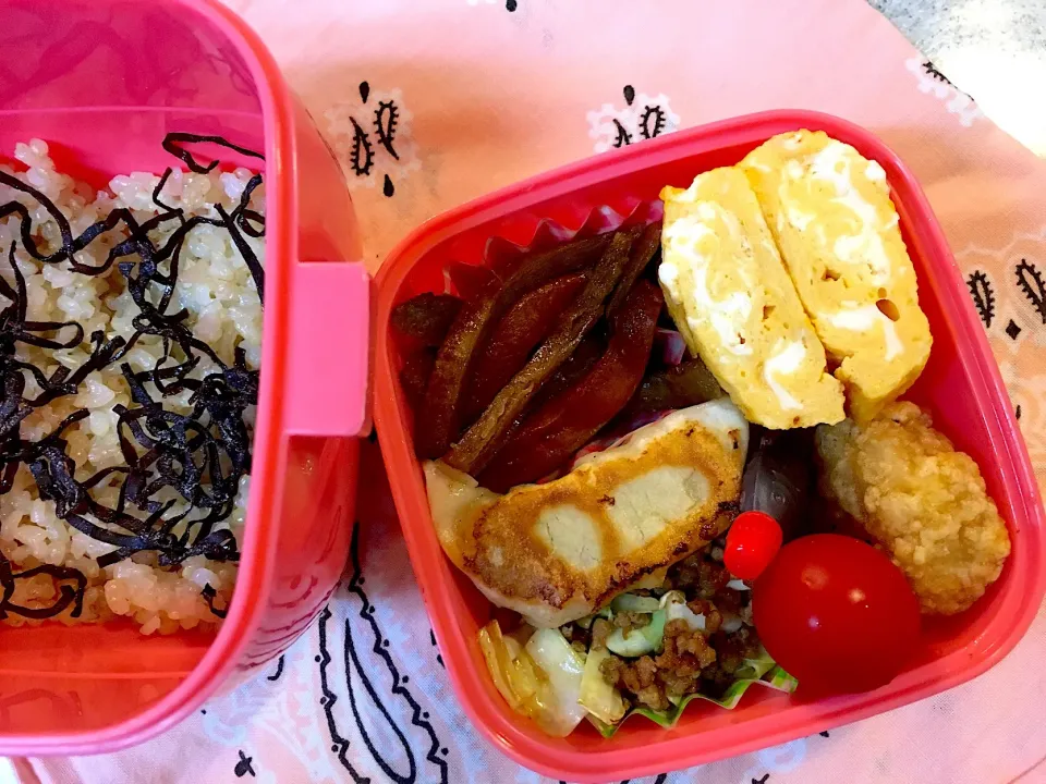 ♫今日のお弁当♫〜きんぴら、キャベツのそぼろ炒め、だし巻き卵、餃子、唐揚げ、トマト〜|Satokoさん