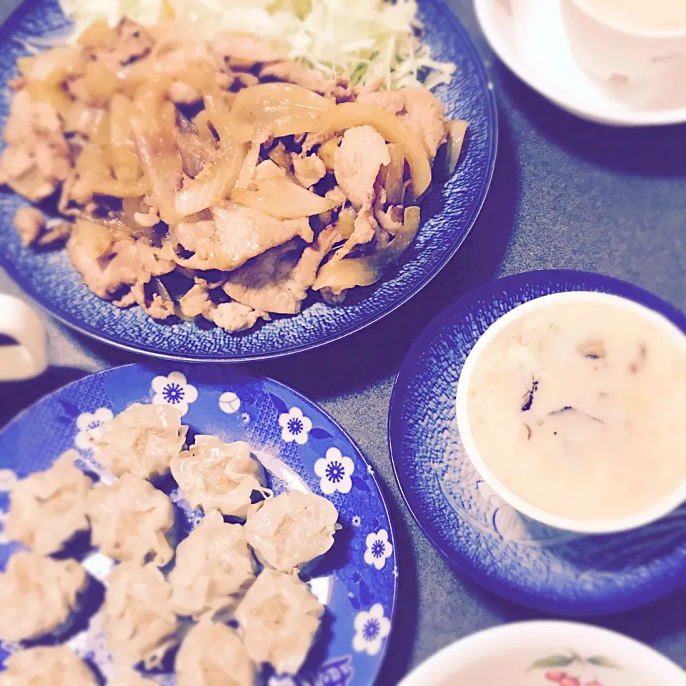 #晩御飯
#生姜焼き
#シュウマイ
#茶碗蒸し|mariaさん