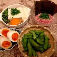 ネバやっこ、ネギトロつまみ、手作り味玉、枝豆のおつまみセット|ナベぞうさん