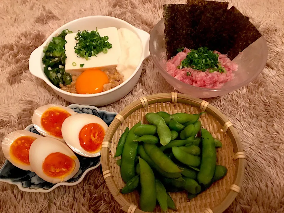 ネバやっこ、ネギトロつまみ、手作り味玉、枝豆のおつまみセット|ナベぞうさん