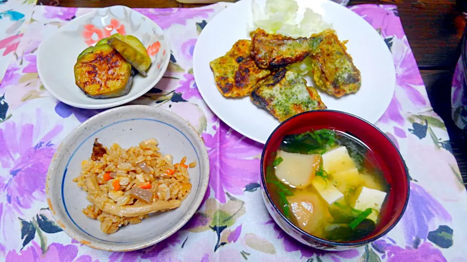 ９月５日　鯵の幽庵焼きあおさ衣　焼き茄子　お麩と豆腐、大葉とわかめのお味噌汁|いもこ。さん