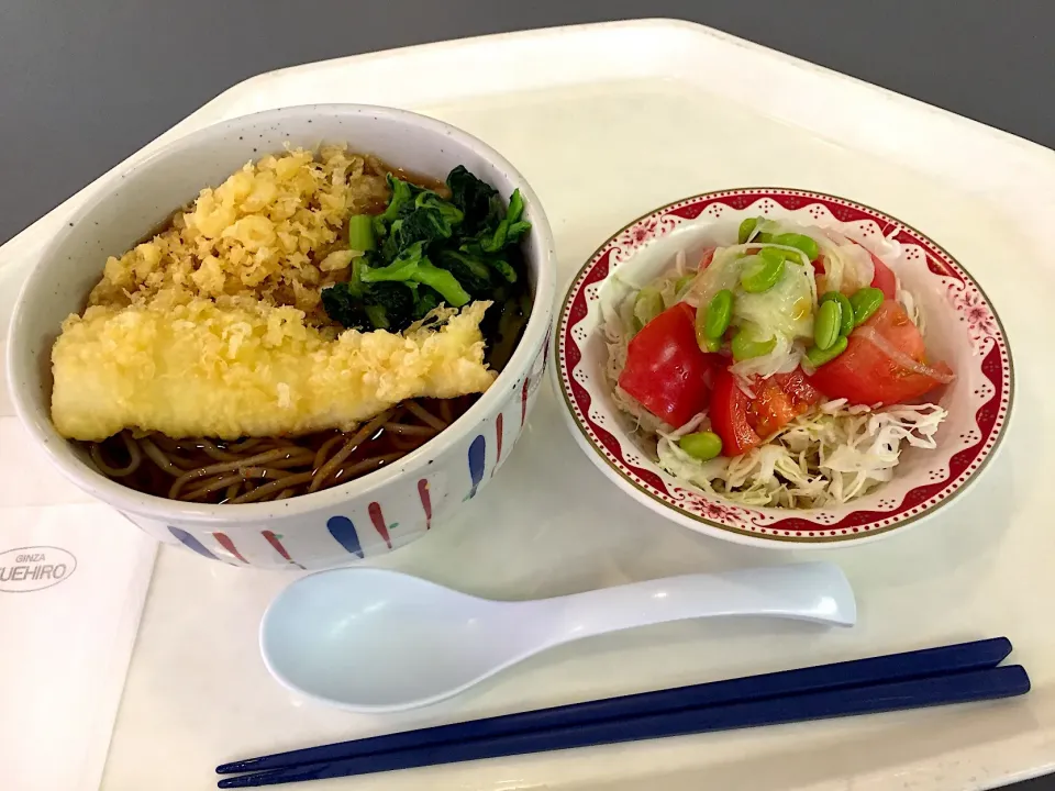 蕎麦、イカ天、青菜、揚げ玉、トマトと枝豆のサラダ|Tadahiko Watanabeさん