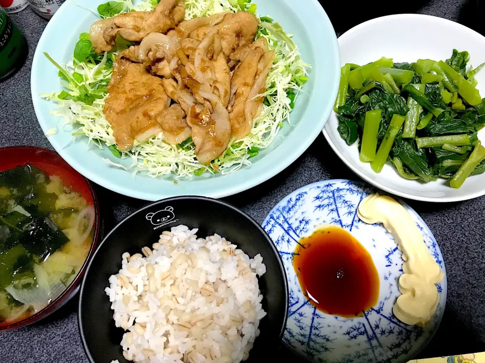 もち麦飯、豚生姜焼き、キャベツカイワレ、わかめネギ味噌汁、ツルムラサキ(マヨ醤油で)|ms903さん