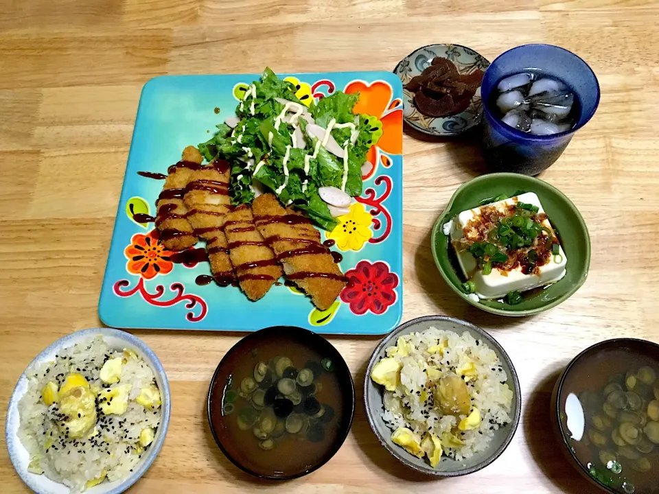 9/22晩ごはん(｡ ﾉ∀<)σ💓
カレイのフライ
冷奴
宍道湖のしじみすまし汁
栗ご飯
奈良漬|さくたえさん