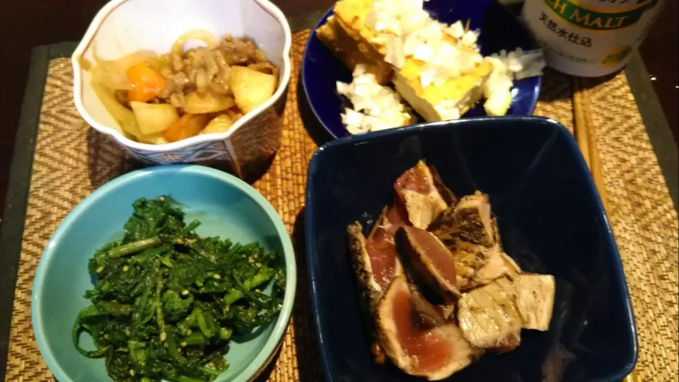 春菊の胡麻あえ&肉じゃが&鰹のたたき&厚揚げ焼き|まぐろさん