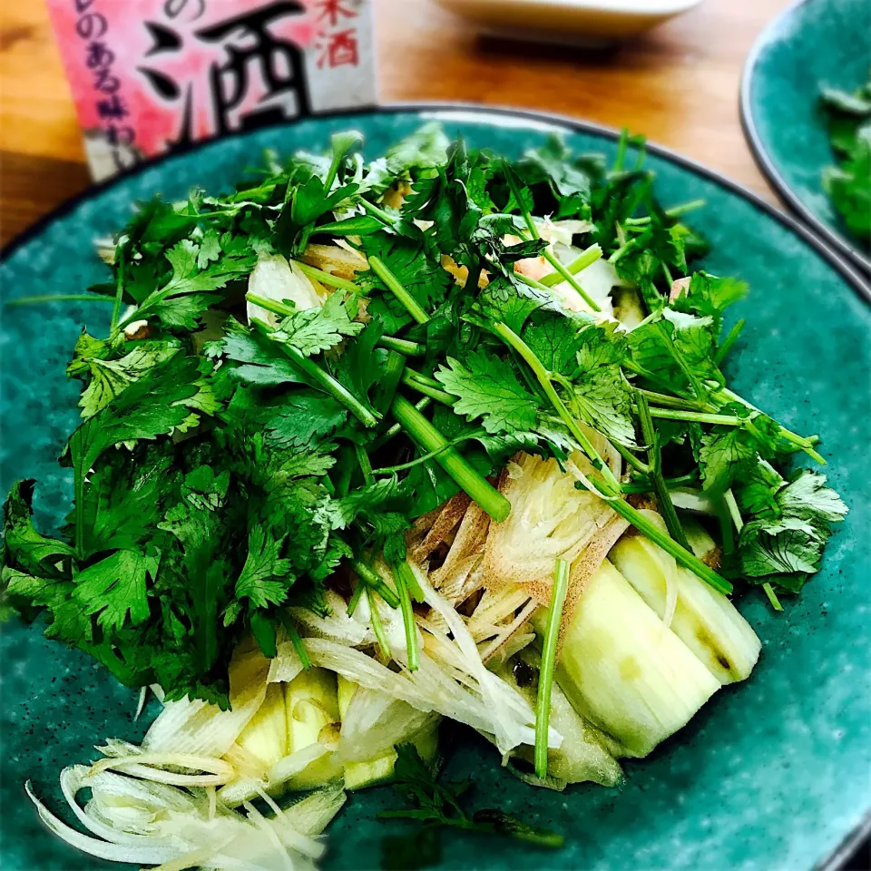 茄子を蒸して、おろし生姜、練り胡麻、黒酢、醤油で作ったタレをかけ、茗荷と香草をどっさりあしらいました。|長谷川裕子さん