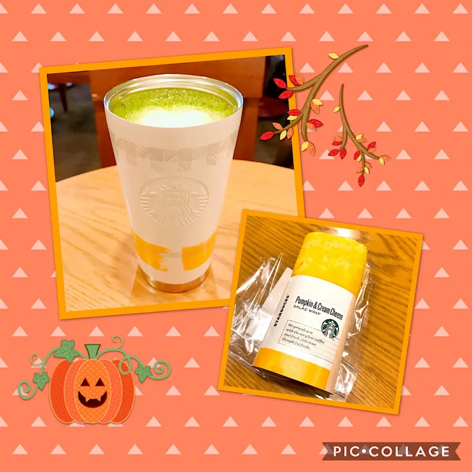 Soy Matcha Tea Latte // Pumpkin & Cream Cheese Salad Wrap #starbucks #starbuckscoffee #foodie #piccollage|ModischStudioさん