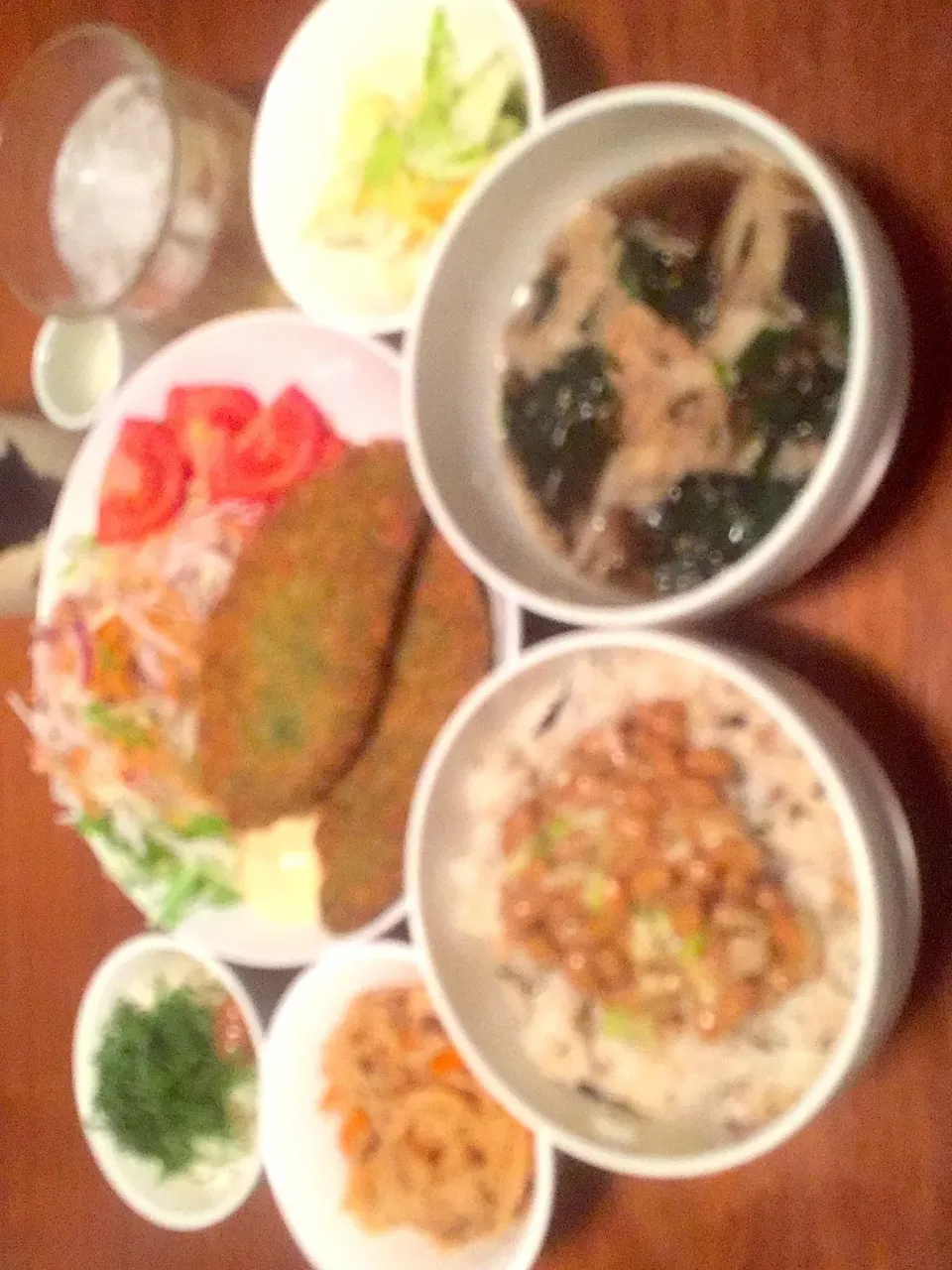 Snapdishの料理写真:白身魚フライ＊ひじき納豆ご飯＊舞茸スープ＊梅しそ山芋千切り(^^)|basilさん