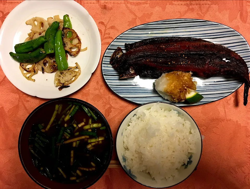 岩手三陸鯖のみりん干し レンコンとシシトウ炒め なめこ赤出汁 ご飯|Junko Tominagaさん